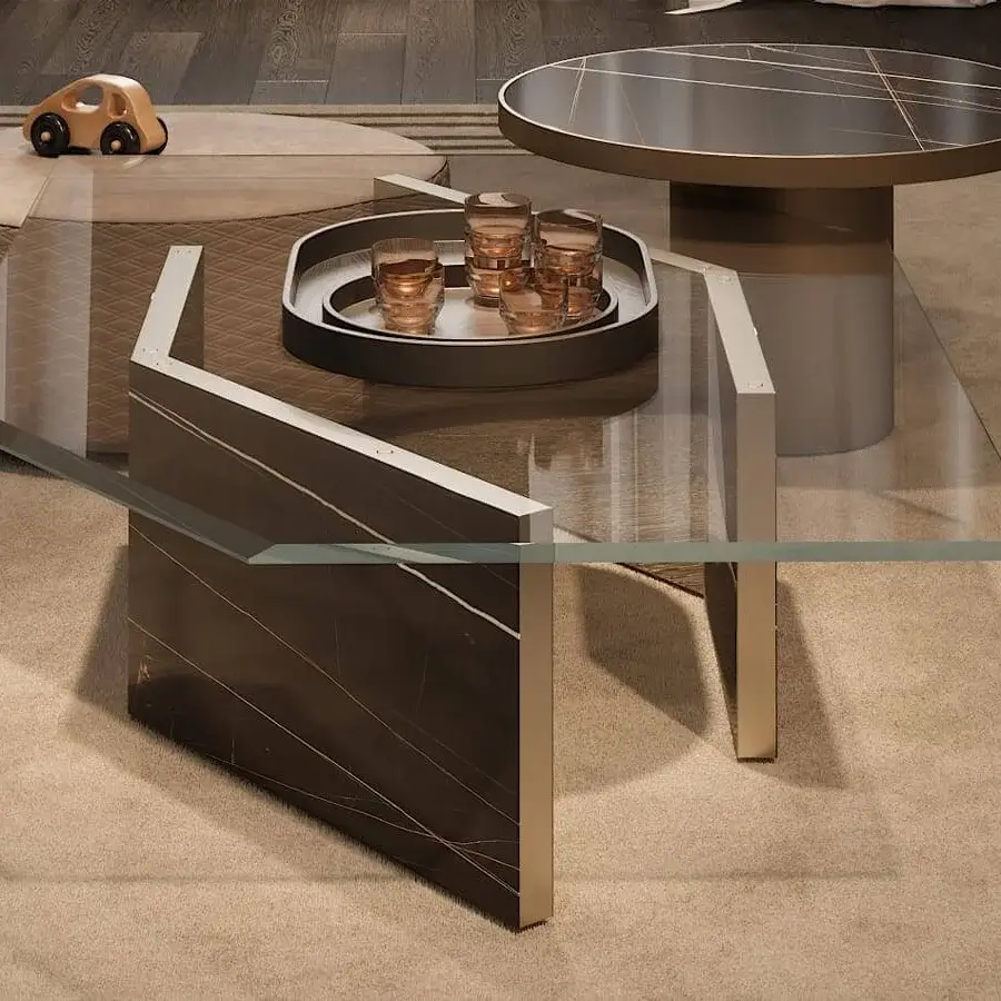 Captivating Reflex Cubitum coffee table with hexagonal extra-clear glass and dark brass finish, built with bronze mirror and marble glass base