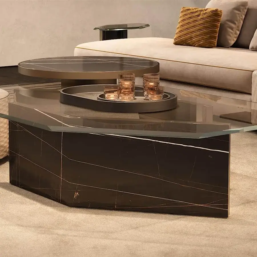 Superior Reflex Cubitum coffee table with bronze finished wooden base, marble glass and hexagonal extra-clear glass surface with dark brass embellishment