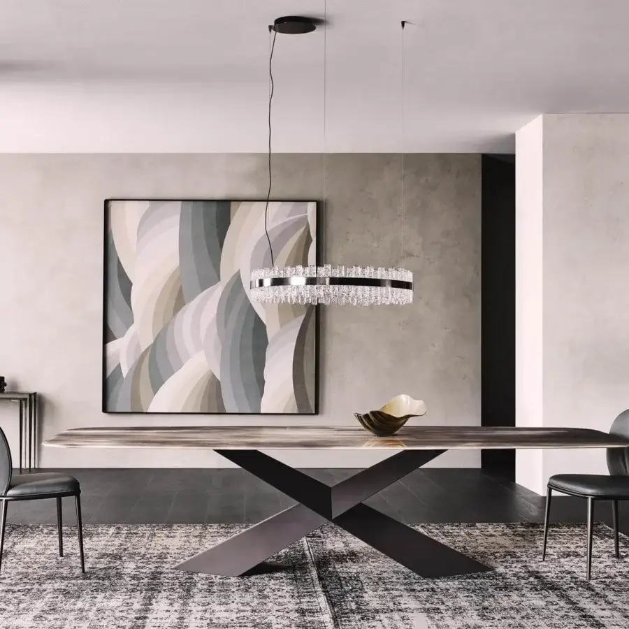 Luxury Cattelan Italia Tyron table with black embossed steel and extra-clear bevelled glass boasting artistic beige, brown, and gray tones
