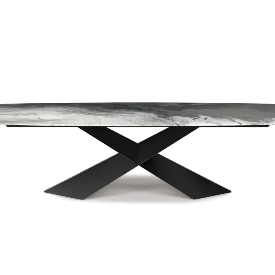 Refined Cattelan Italia Tyron table with gray and white decorative print on a crystal tabletop and black embossed lacquered steel base
