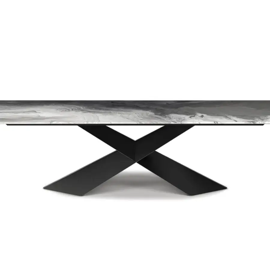 Distinguished Cattelan Italia Tyron table with intersecting black steel base and swirling white, gray, black CrystalArt printed glass top