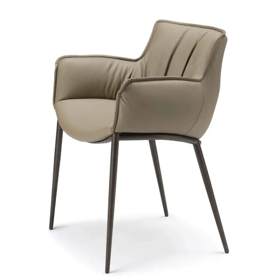 Elegant Cattelan Italia Rhonda armchair with curved silhouette in light brown leather and embossed black lacquered steel base