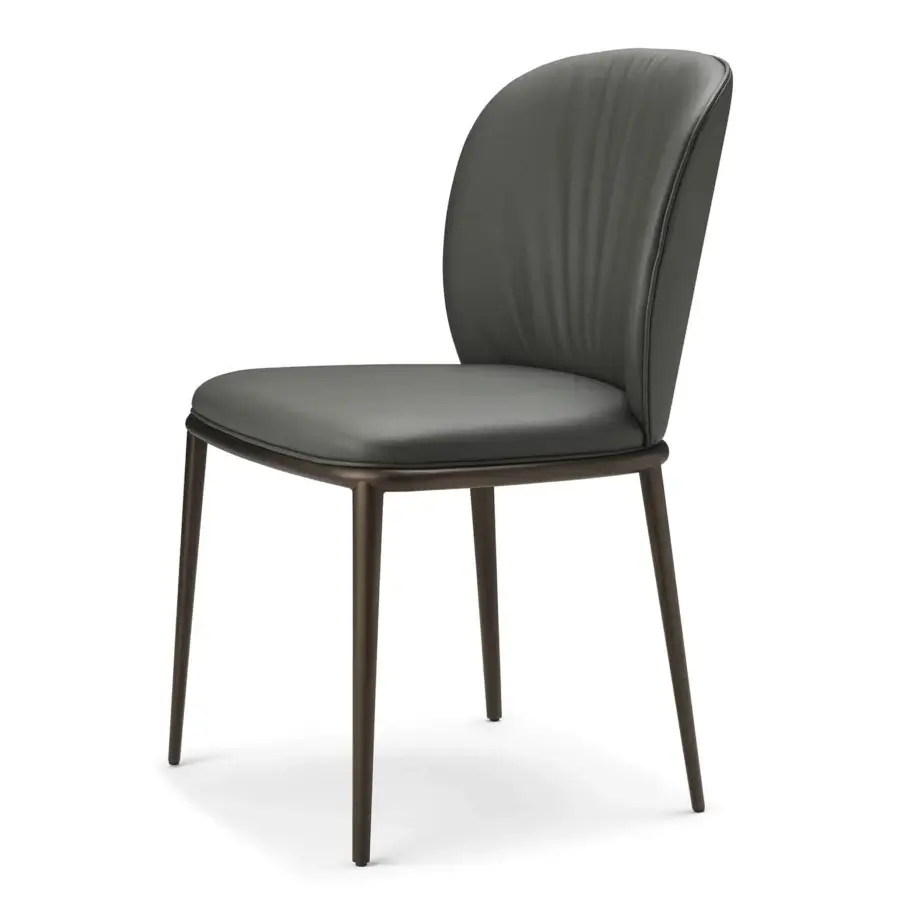 Distinguished Cattelan Italia Chris chair with smooth gray soft leather upholstery and bronze embossed lacquered steel base