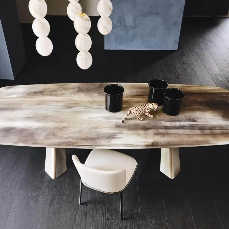 Superior Cattelan Italia Mad Max table with warm-toned wood finish and graphite embossed lacquered steel base crafted in extra clear bevelled glass