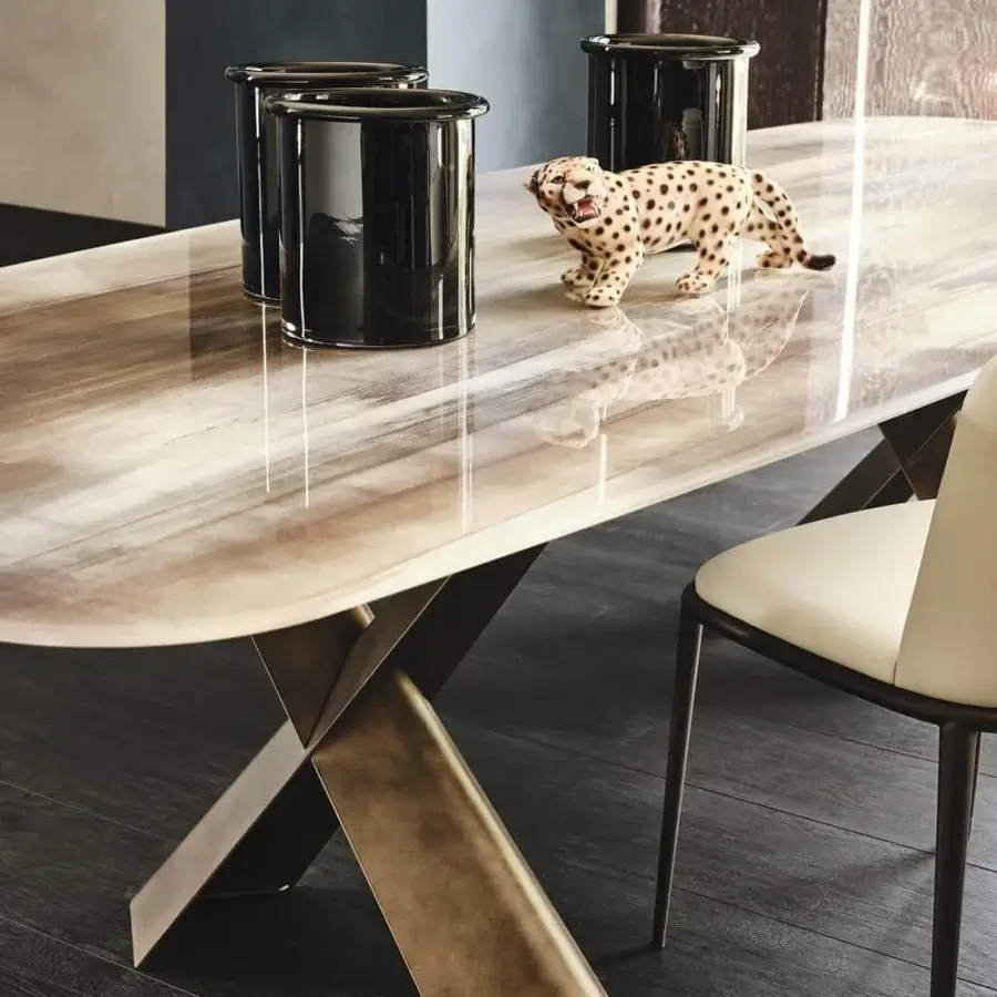 Distinctive Cattelan Italia Mad Max table with swirling brown, beige, and white CrystalArt glass and brushed bronze lacquered steel base