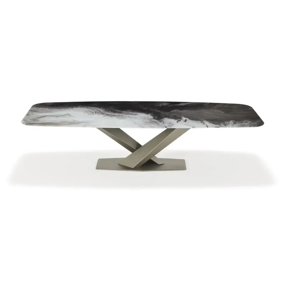 Elegant Cattelan Italia Stratos table with swirled white, gray, and black CrystalArt printed glass and matte steel X base