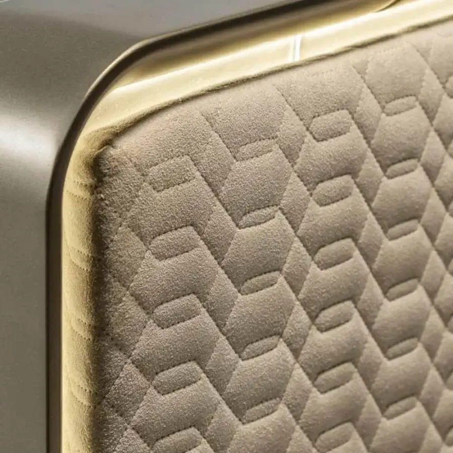 Exceptional Reflex Oh XL bed with slightly padded light brown textile and shaped wooden frame built with integrated LED lighting