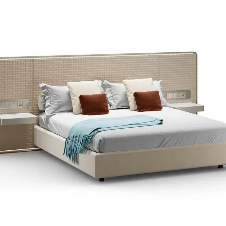 Superior Reflex Oh XL bed with internal wooden structure, beige textile upholstery and bronze finish shaped frame with marble glass tops