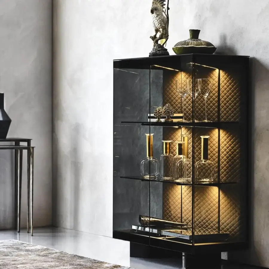 Elegant Cattelan Italia Boutique Alta cupboard with black embossed steel, smoke glass doors and quilted soft leather back panel illuminated with LED lighting