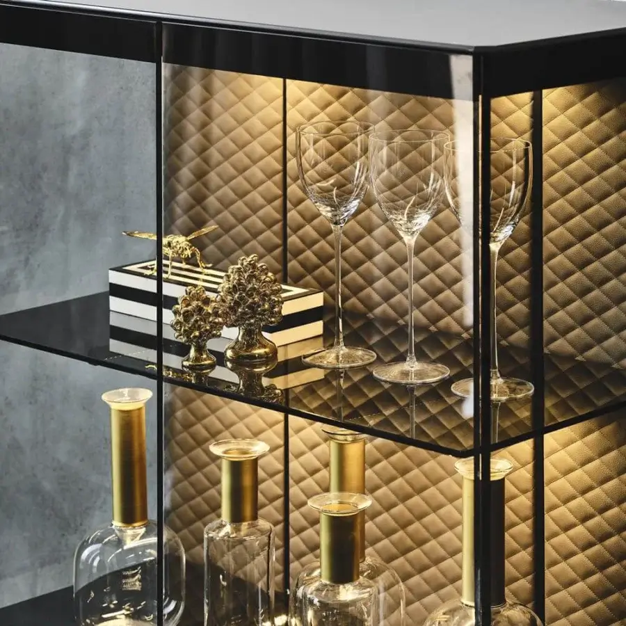 Distinguished Cattelan Italia Boutique Alta cupboard with black embossed steel, smoke glass doors and quilted tan leather shelving within