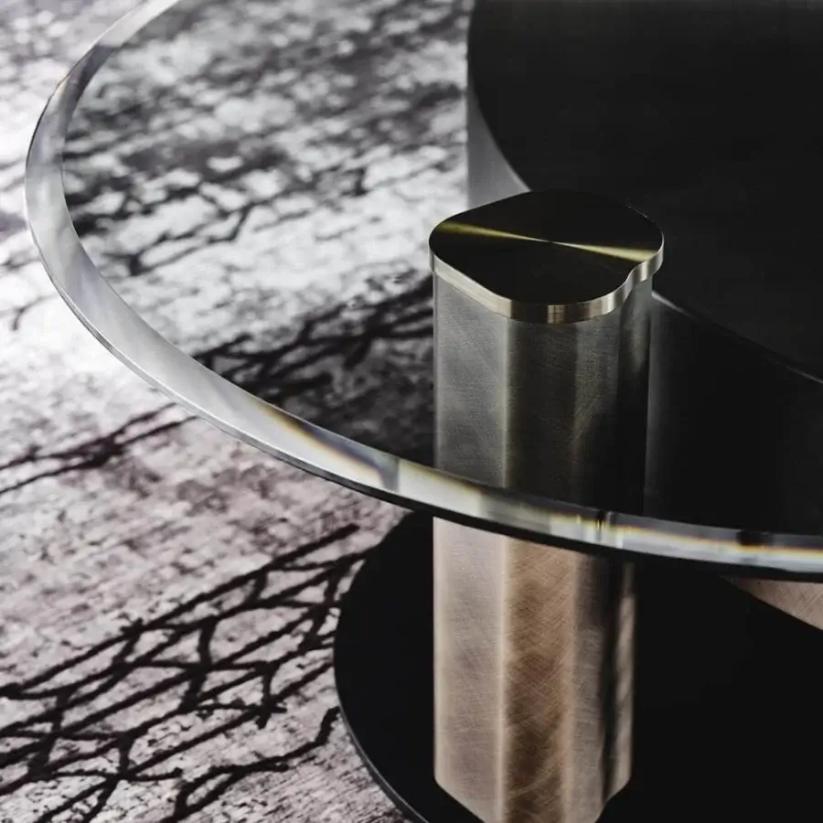 Elegant Cattelan Italia Arena coffee table with swiveling smoke beveled glass and black embossed lacquered steel base crafted in Italy