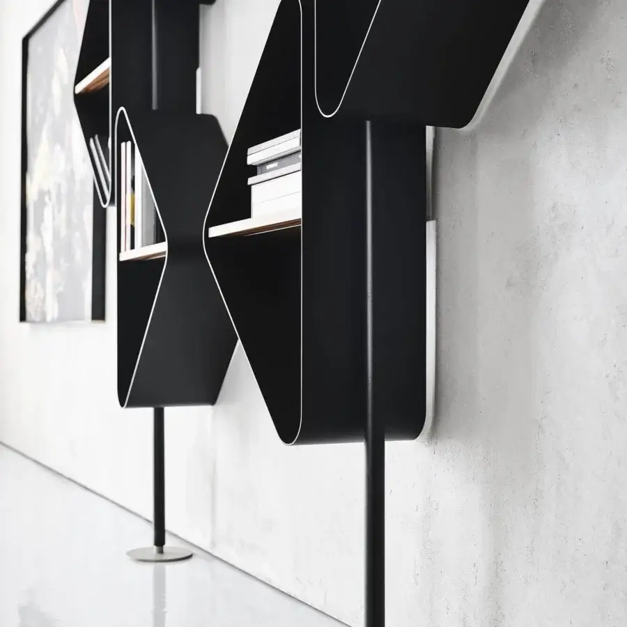 Distinguished Cattelan Italia Spinnaker bookcase with black embossed lacquered steel and Noce Canaletto wood shelving