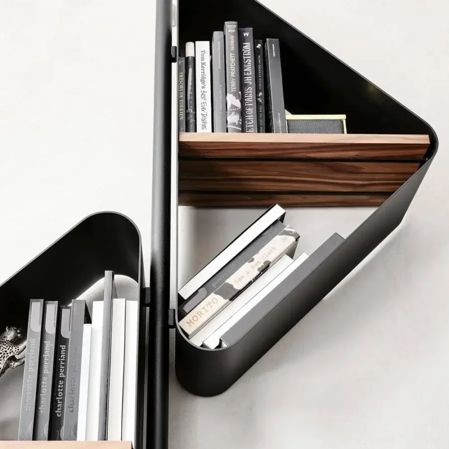 Sophisticated Cattelan Italia Spinnaker bookcase crafted in Noce Canaletto wood with titanium embossed lacquered steel details
