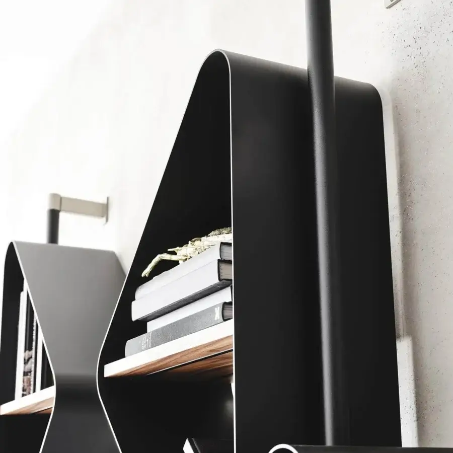 Distinguished Cattelan Italia Spinnaker bookcase built with triangular Noce Canaletto wood shelves and black embossed lacquered steel structure