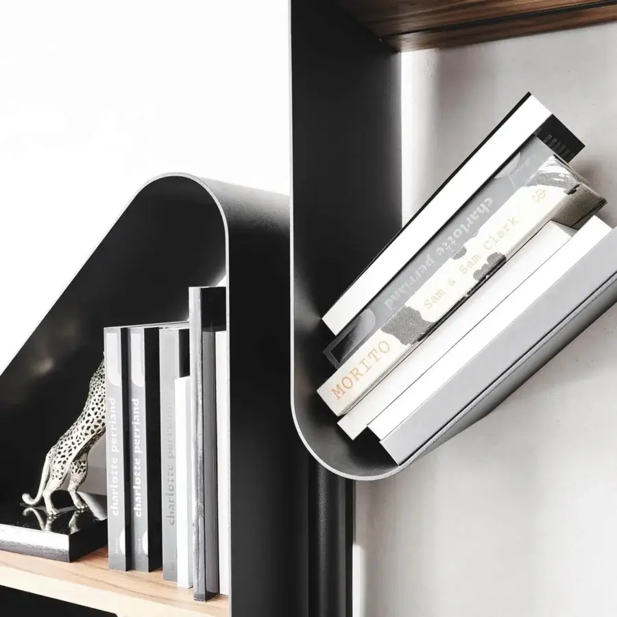Exceptional Cattelan Italia Spinnaker bookcase with black embossed lacquered steel and warm Noce Canaletto wood shelves crafted in a dynamic silhouette