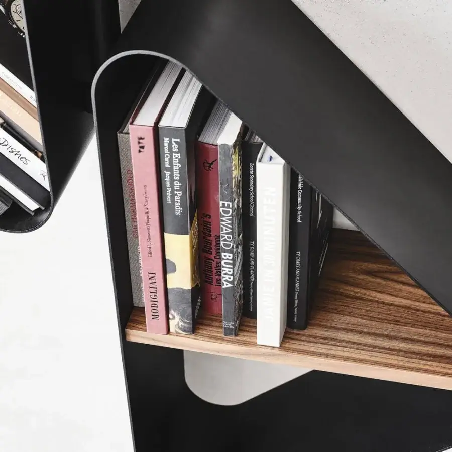 Innovative Cattelan Italia Spinnaker bookcase with triangular Noce Canaletto wood shelves and black embossed lacquered steel structure