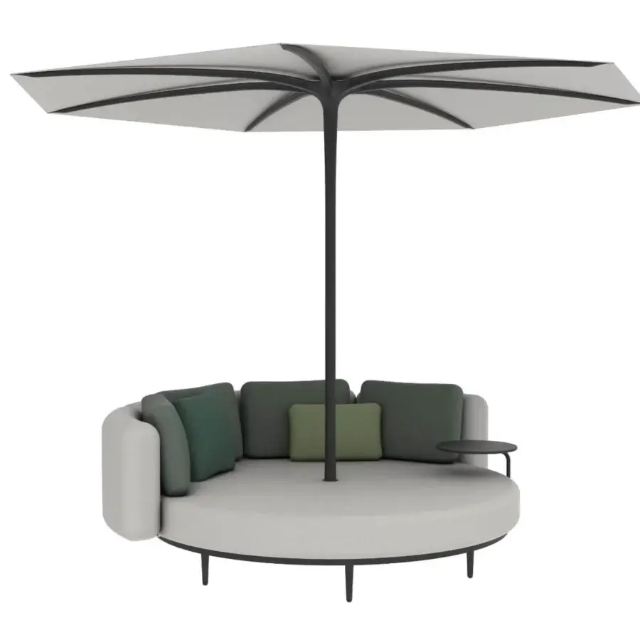 Distinguished Royal Botania Organix Lounge lounger with a circular aluminum base and plush light grey textile cushions complemented by a matte finish
