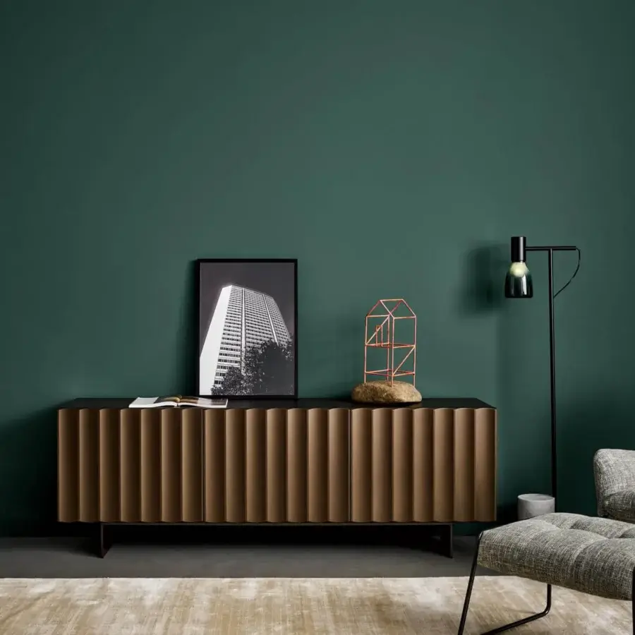 Elegant Bonaldo Dorian sideboard with wide vertical grooves in matt lacquered wood and a dark top