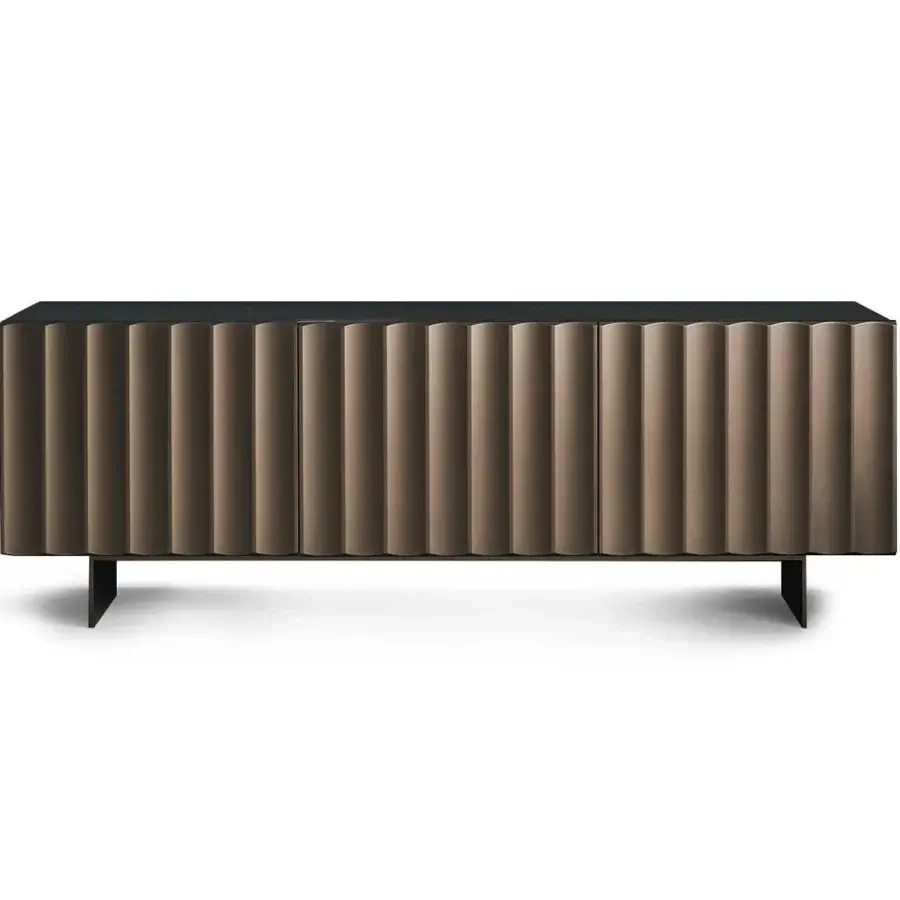 Distinctive Bonaldo Dorian sideboard with vertically grooved doors in medium brown matt lacquered wood and elevated base