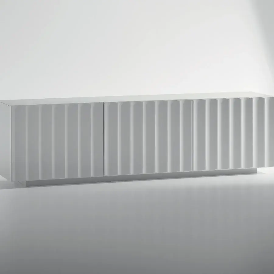 Elegant Bonaldo Dorian sideboard with wide vertical grooves in light gray matt lacquered wood and recessed plinth base