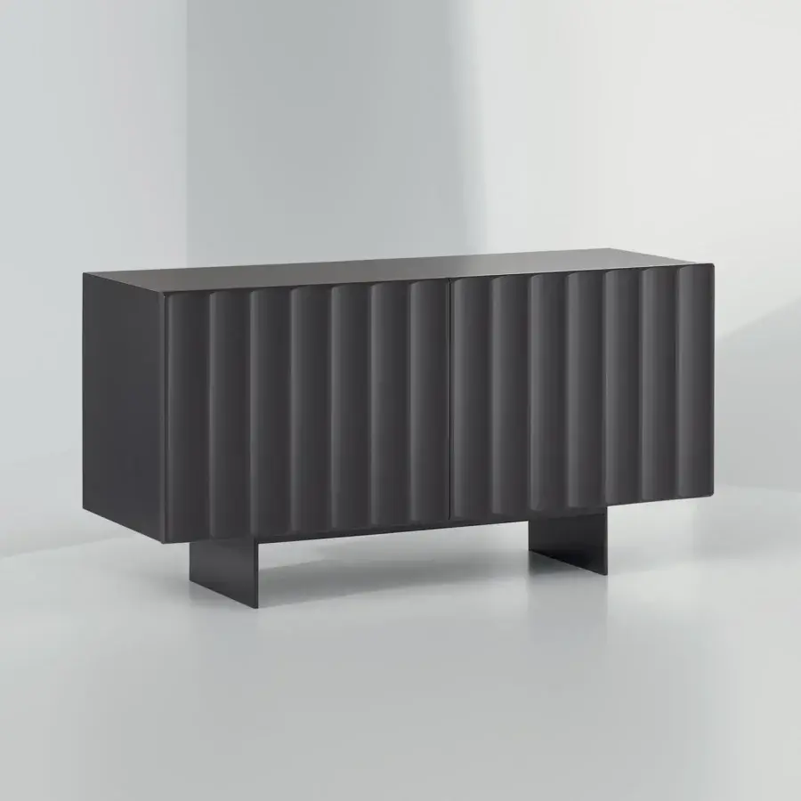 Exceptional Bonaldo Dorian sideboard with vertically grooved doors in dark gray matt lacquered wood and minimalist block feet