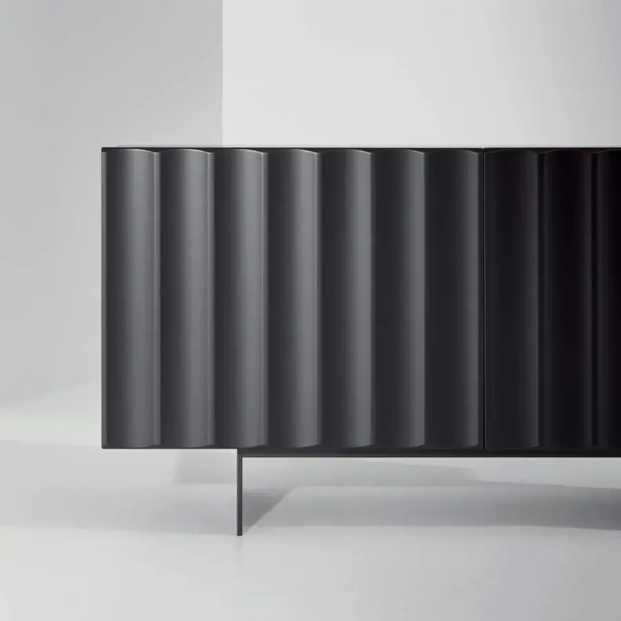 Distinguished Bonaldo Dorian sideboard with captivating vertical grooves in dark gray matte lacquered wood and two feet