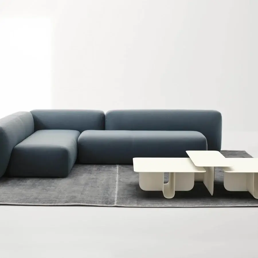 Innovative LaCividina U coffee table with bent aluminum base and crisp matte white square tabletop