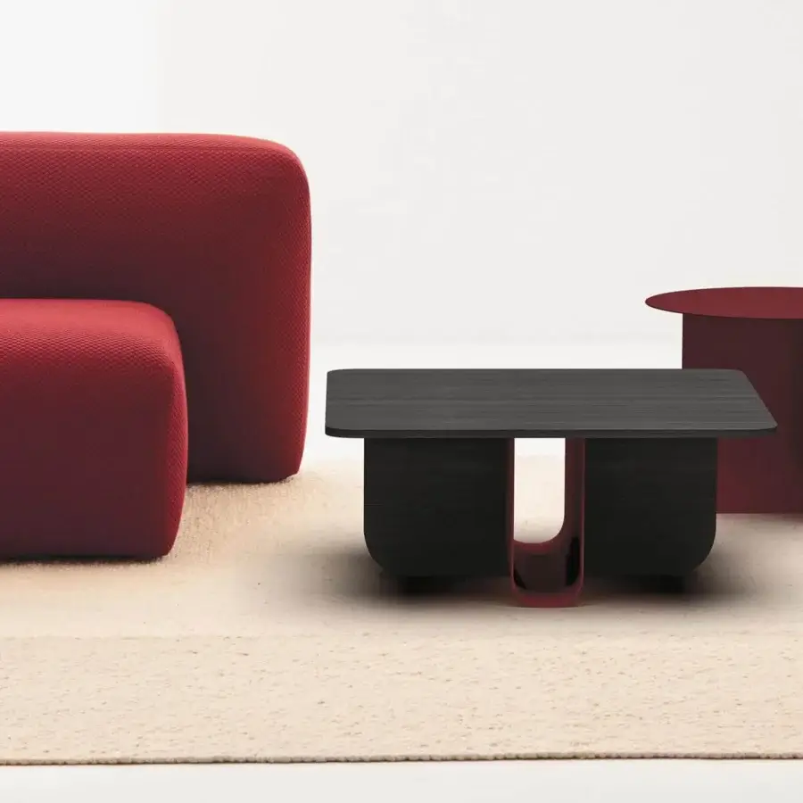 Exceptional LaCividina U coffee table with a rectangular wooden top and vibrant bent aluminum U-shaped base