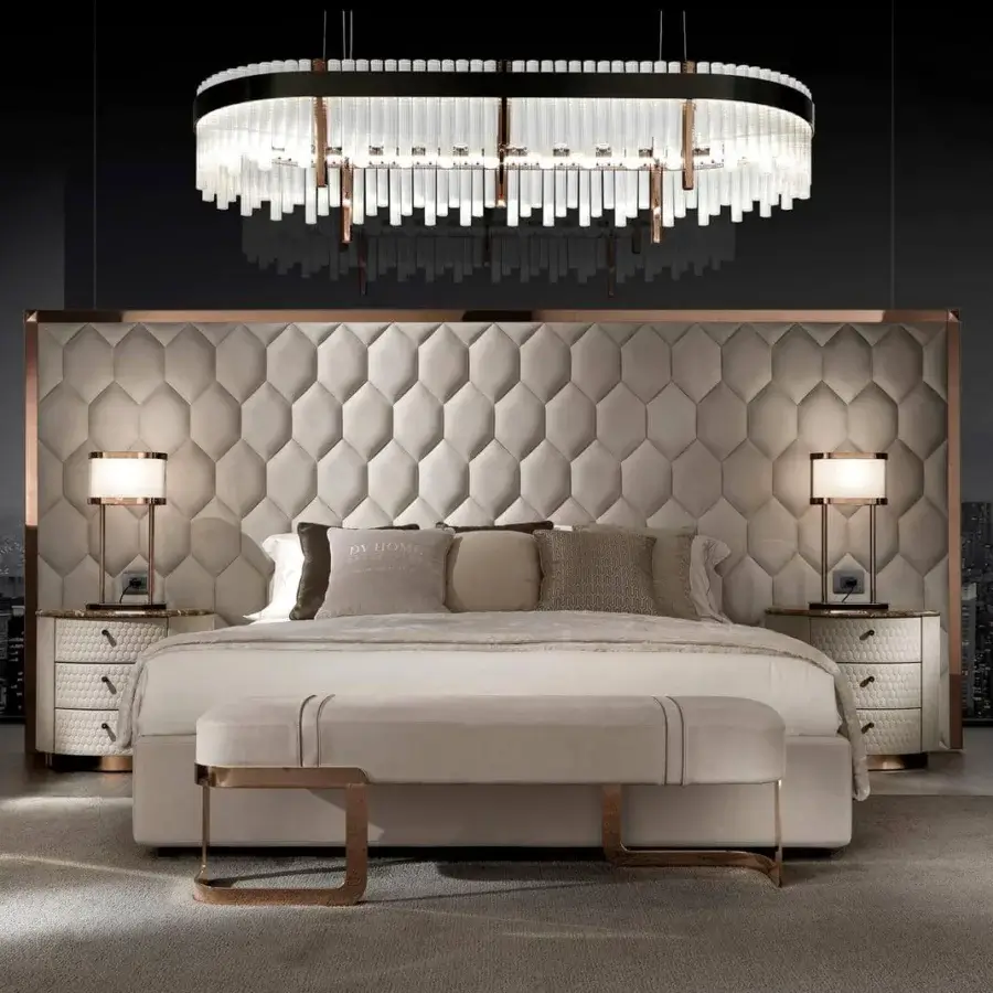 Exceptional DV Home Collection Coco bench with comfortable light beige upholstery and copper-toned steel legs crafted in Italy