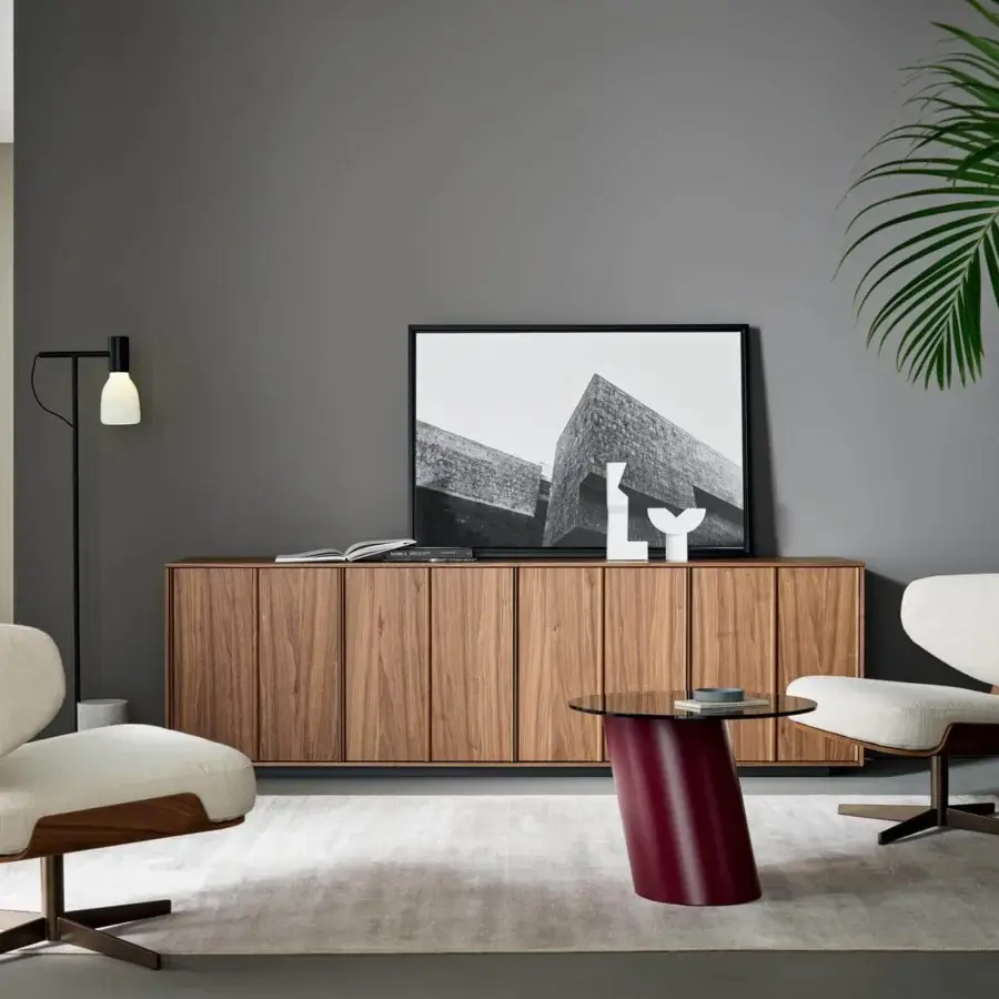 Sophisticated Bonaldo Backdrop sideboard with anthracite grey melamine wood doors and medium brown matte finish exhibiting wood grain