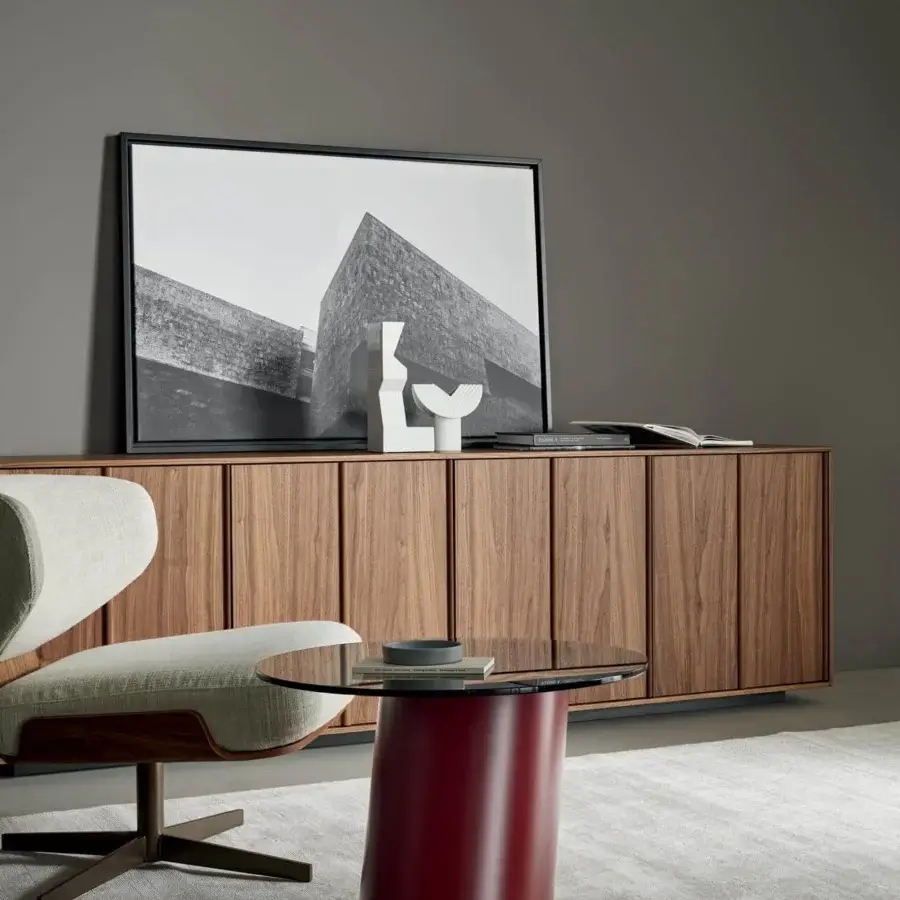 Elegant Bonaldo Backdrop sideboard with anthracite grey melamine wood and medium-tone brown woodgrain finish