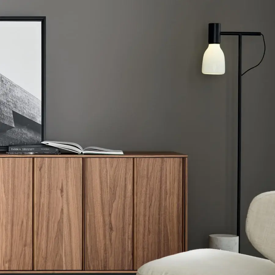 Distinguished Bonaldo Backdrop sideboard with anthracite grey melamine wood and medium-tone brown finish exhibiting vertical grooves