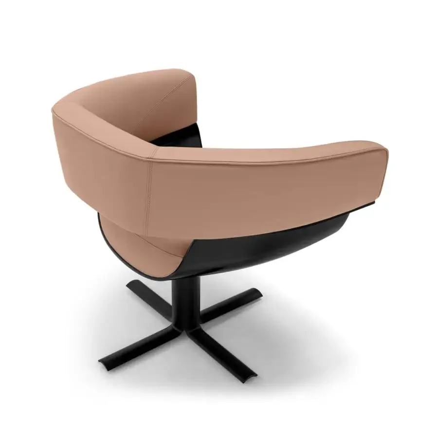 Exclusive Arketipo Jordan lounge chair with light tan fabric upholstery and a black polyurethane shell built with a return mechanism