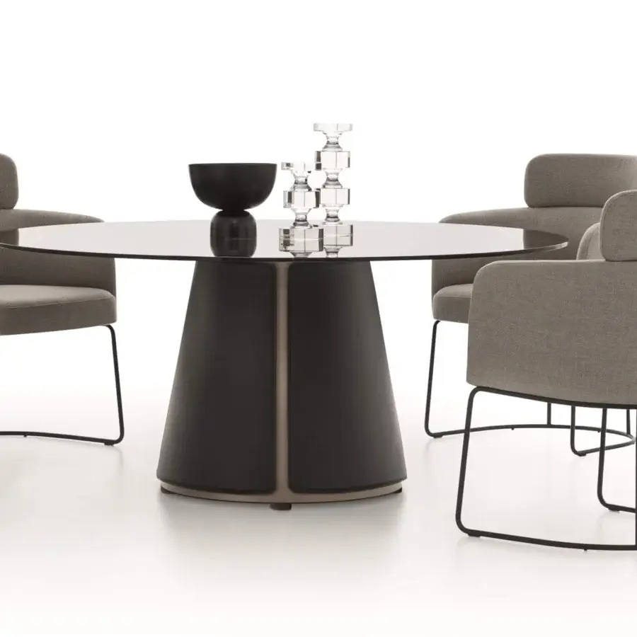 Exceptional Ditre Italia Claire table with circular black glass top and dark matte recycled bonded leather base with light accents