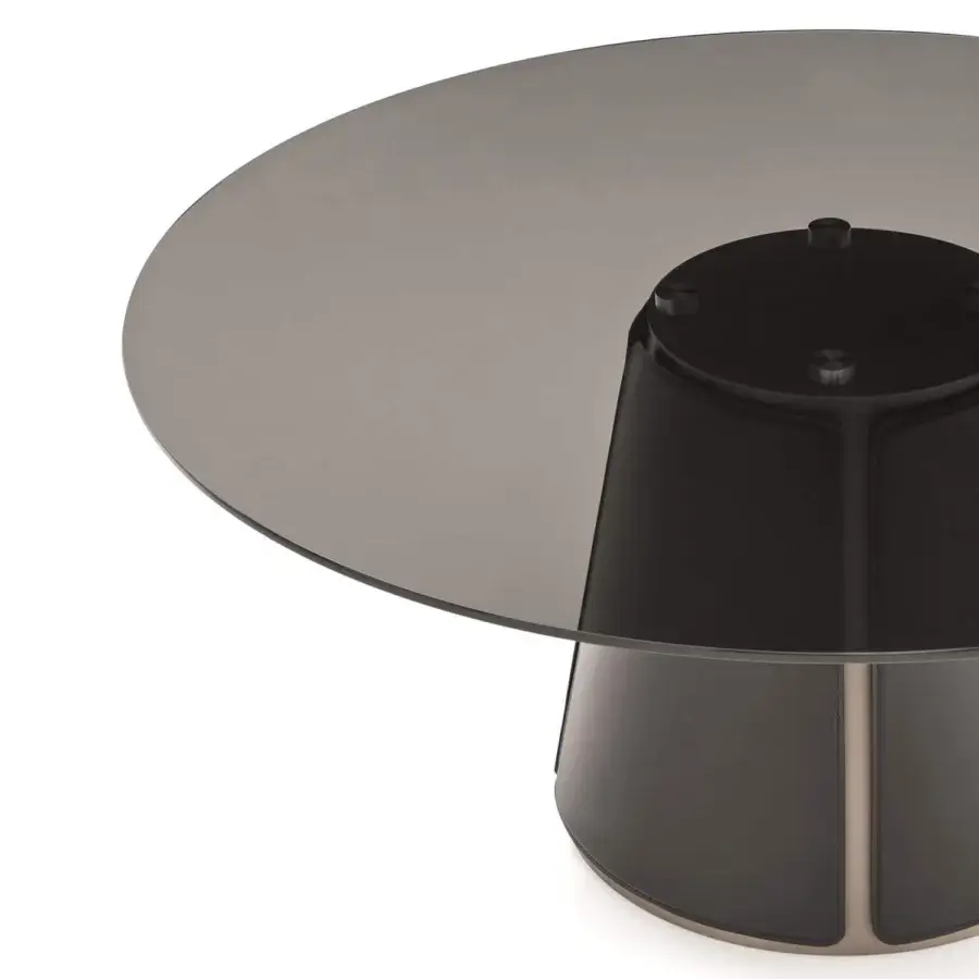 Exclusive Ditre Italia Claire table with circular glass top and conical dark recycled bonded leather base accented with lighter elements