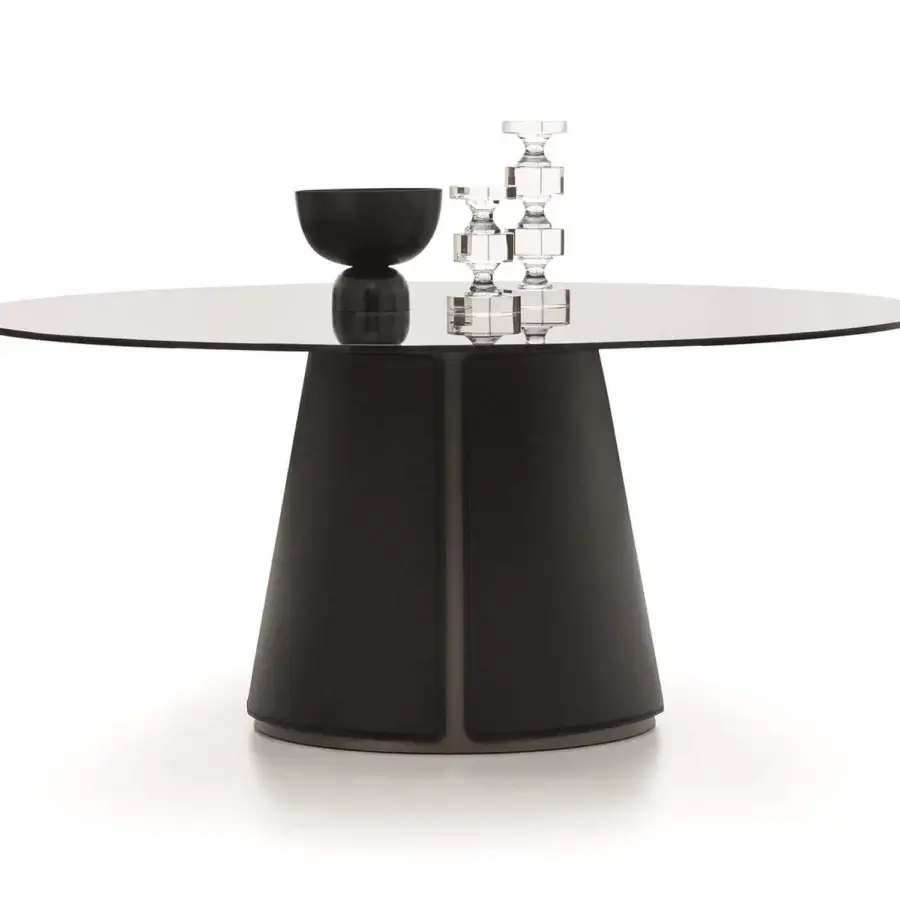 Distinguished Ditre Italia Claire table with circular glass top and cylindrical recycled bonded leather base in a dark finish