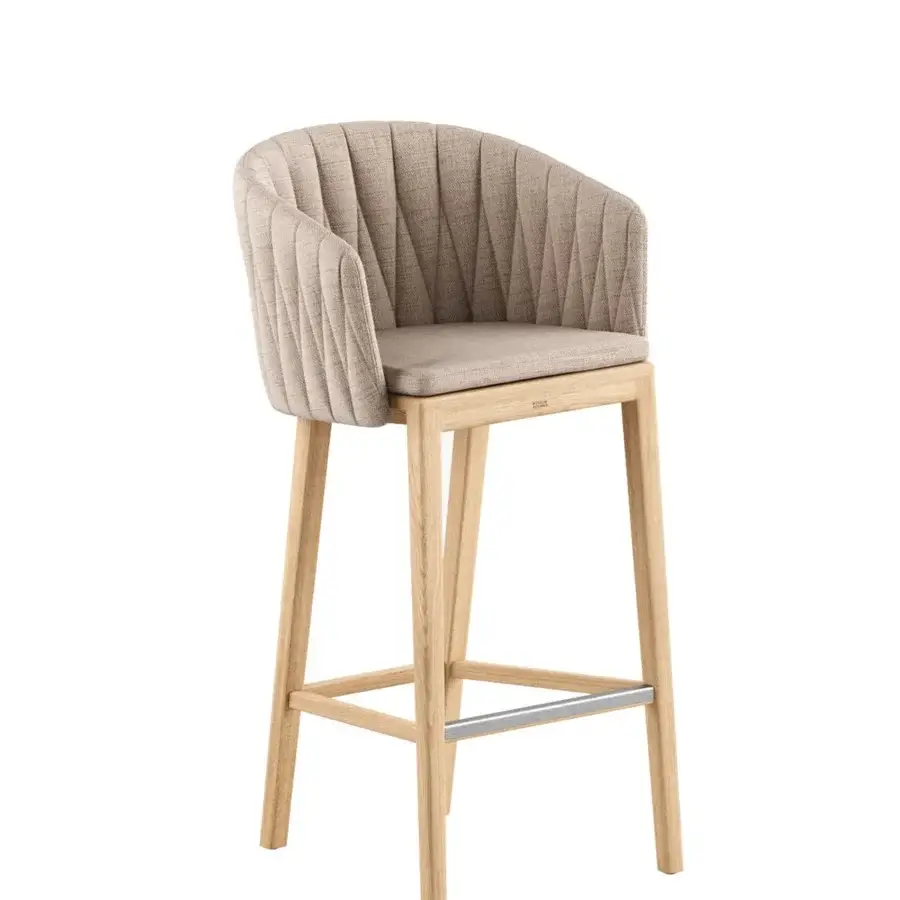 Sophisticated Royal Botania Calypso stool with light beige upholstery, teak base and stainless steel backrest