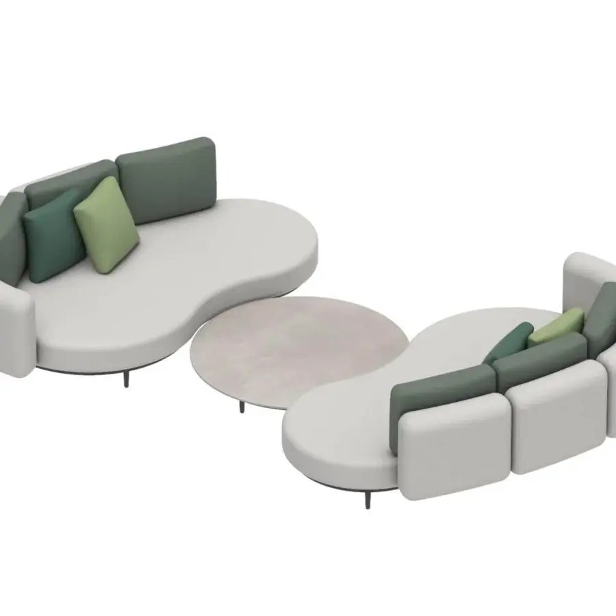 Distinguished Royal Botania Organix lounge sofa with kidney-shaped seat and light gray aluminum base, complemented by varied green cushions