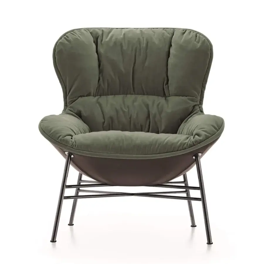 Innovative Ditre Italia Softy lounge chair in muted olive green plush textile with sleek black metal base