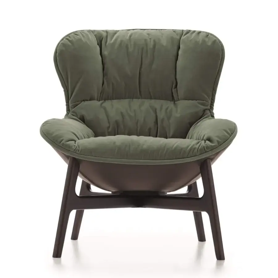 Exceptional Ditre Italia Softy lounge chair upholstered in muted green textile with a rich dark brown wooden base