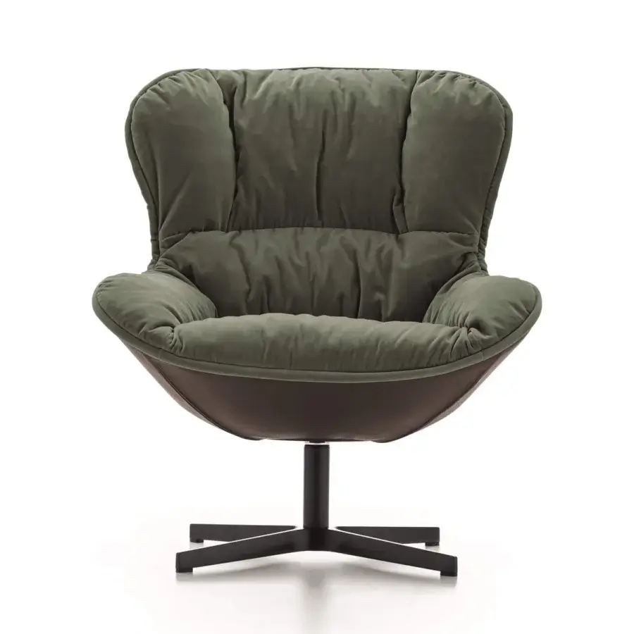 Distinguished Ditre Italia Softy lounge chair with enveloping form upholstered in muted green plush fabric and matte finish
