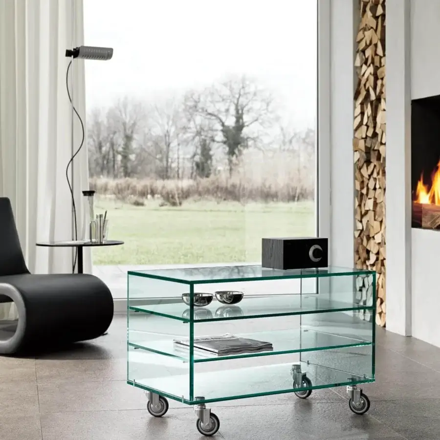 Superior Tonelli Design Grattacielo TV stand built with clear glass exhibiting a slight greenish tint and smooth finish
