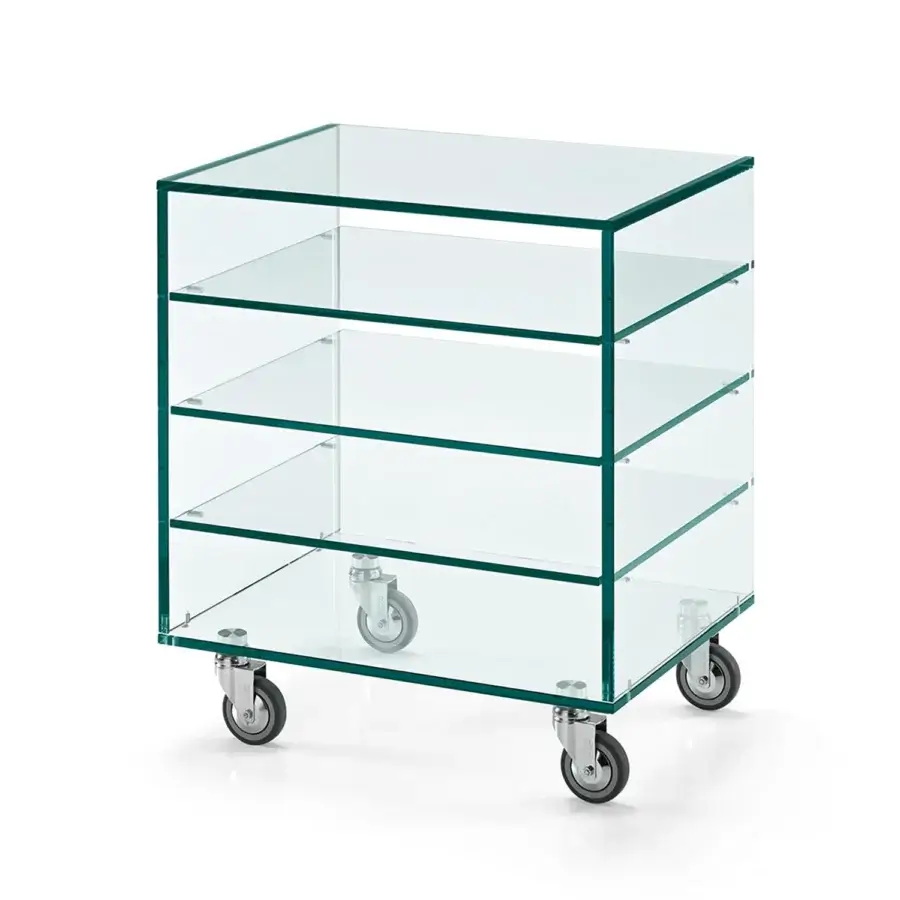 Exclusive Tonelli Design Grattacielo TV stand built in transparent glass with glossy finish and metal caster wheels