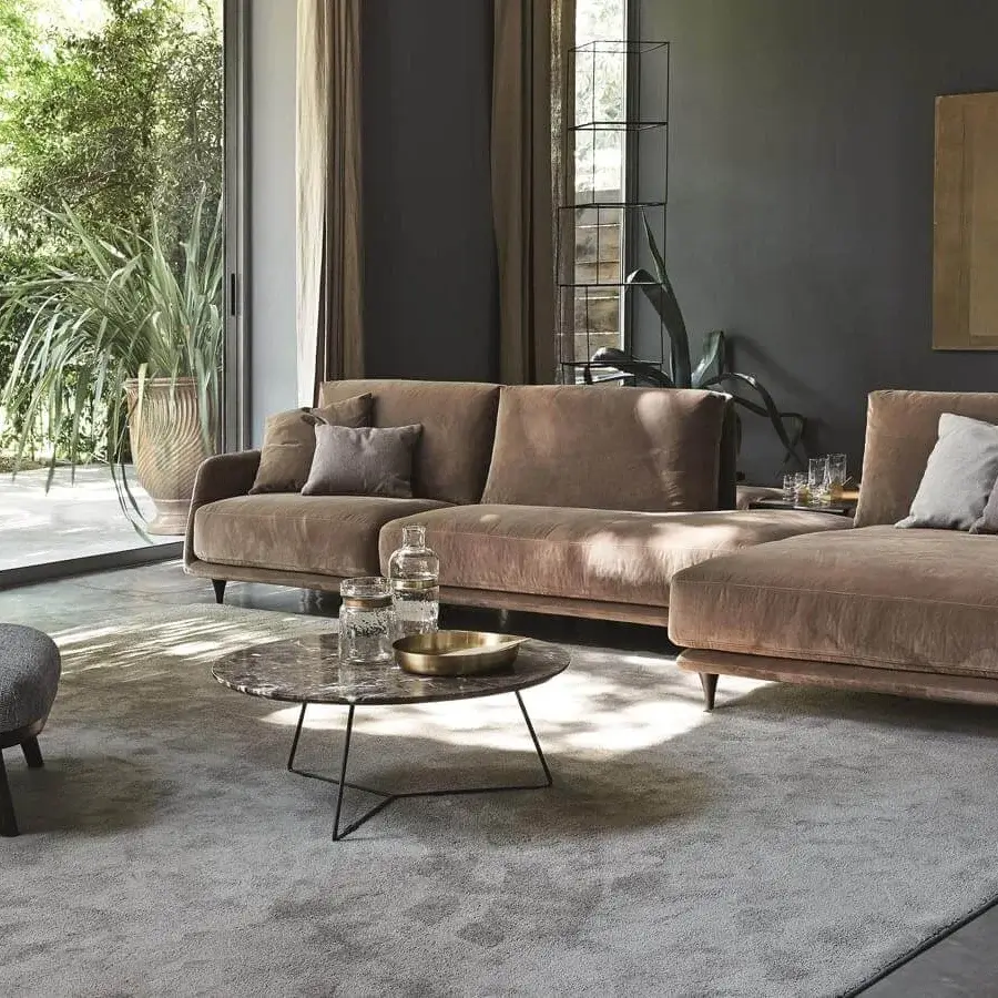 Exceptional Ditre Italia St Tropez lounge chair with curved backrest and medium gray textile upholstery built with a solid wood base