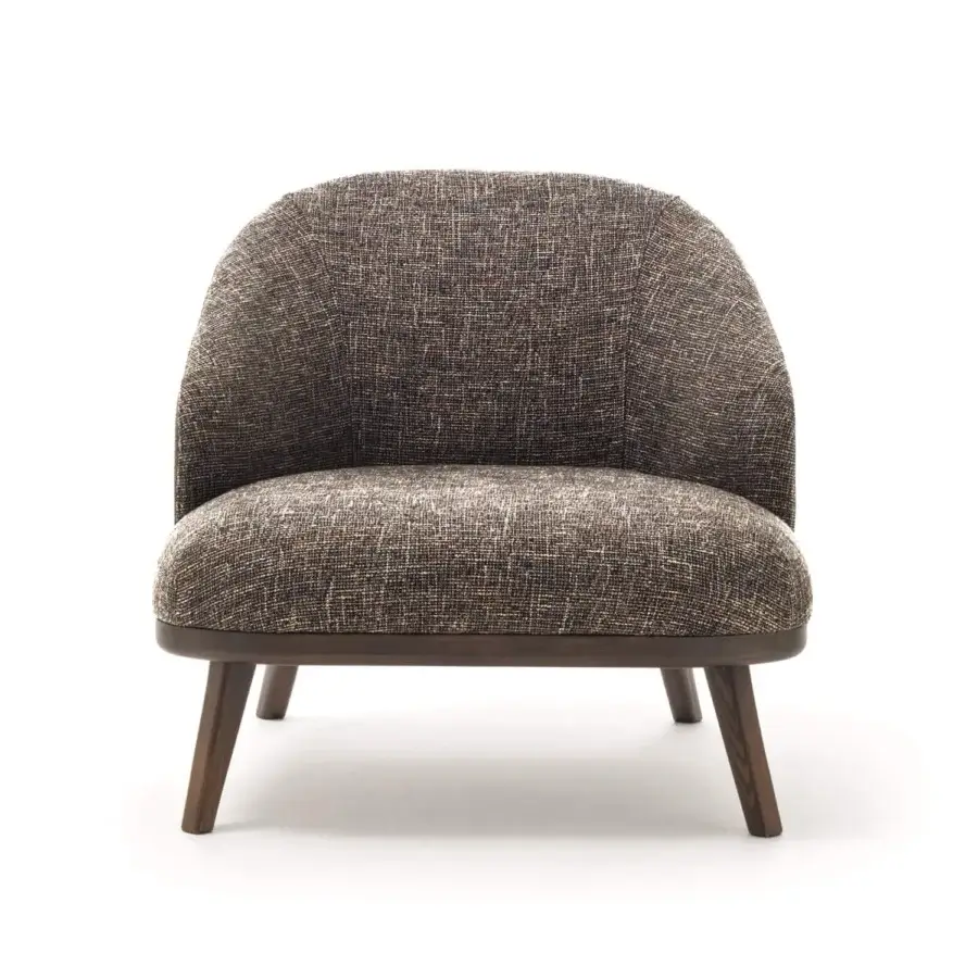 Distinguished Ditre Italia St Tropez lounge chair with curved backrest upholstered in woven brown and beige textiles with a dark brown solid wood base