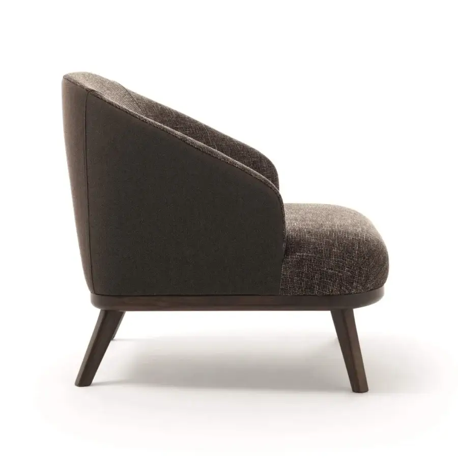 Exceptional Ditre Italia St Tropez lounge chair with curved backrest upholstered in dark brown and textured brown textiles with a matte wood base