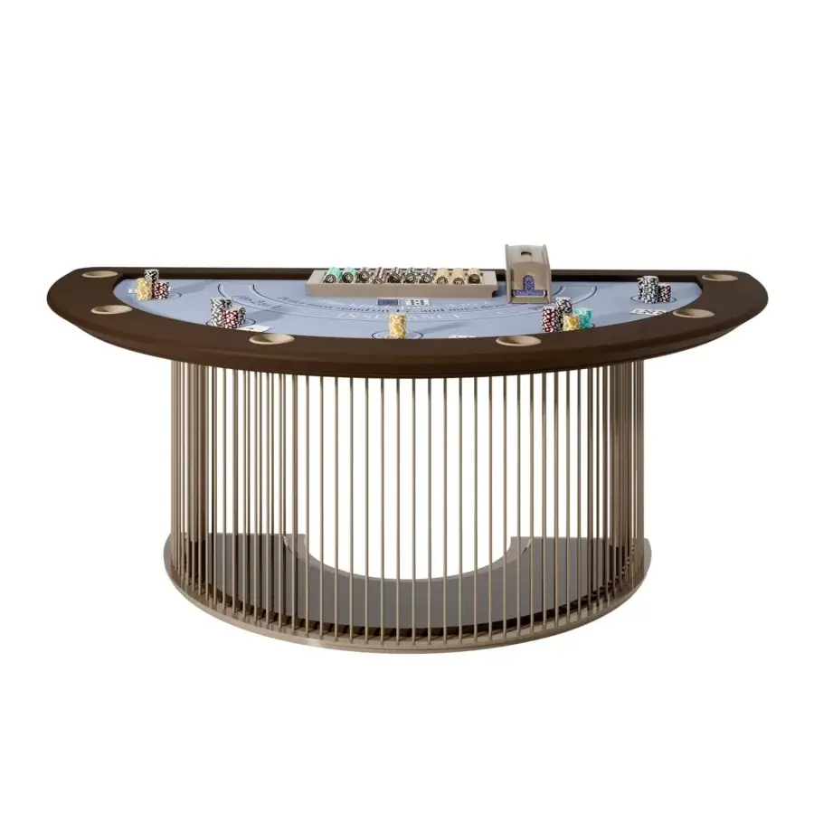 Distinctive Vismara Roma blackjack table with blue microfiber playing surface and lacquered brown edge crafted from matte metal sticks