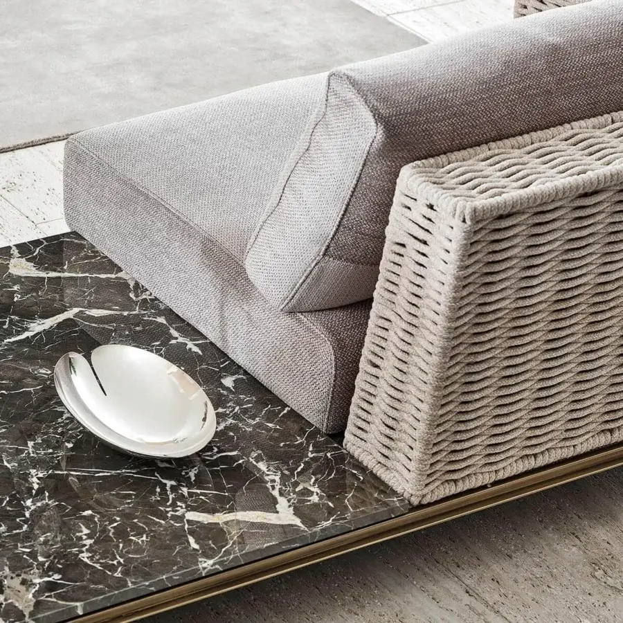 Captivating Rugiano Memphis sofa with light gray woven textile upholstery and braided velvet rope details