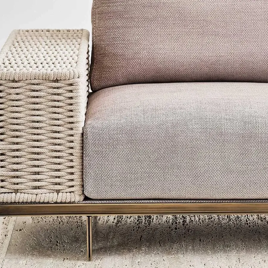 Distinguished Rugiano Memphis sofa with braided velvet rope, light gray cushions and brass-colored metal base