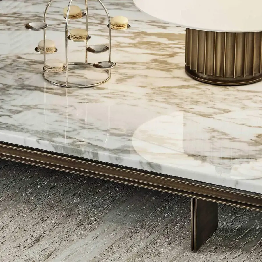 Superior Rugiano Memphis sofa with a stylish metal base and marble side table crafted with braided velvet rope details